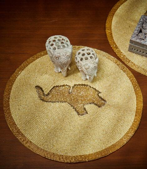 Maatir Premium Handcrafted Elephant Beaded Round Placemat India, Beige Decorative Embroidered Beads Table Mat for Dining Table, Center Table
