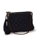 Black Hand Knotted Macrame Pouch with Shoulder Strap