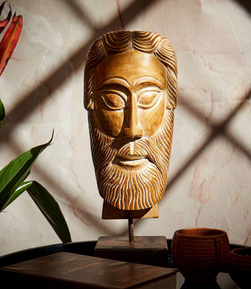 Hand Carved Wood Jesus Head Statue Figurine, India Traditional Home Décor Wooden Carving Messiah