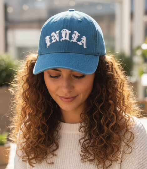 Blue Denim Premium Baseball Cap with White 3D India Embroidery