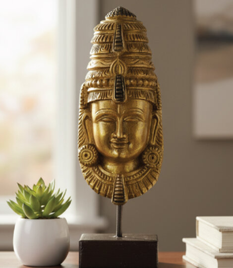 Figurine of Hindu Goddess Devi Saraswati Hand Carved Wood Head Gift Décor Sculpture on Stand