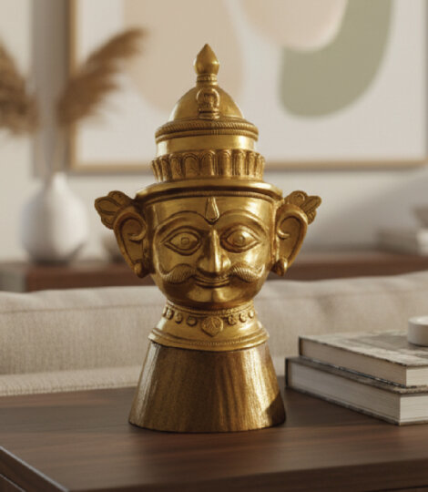Brass Shiva Murti Idol Head Statue Figurine with Wood Base India Traditional Home Decor