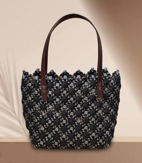 Beach Bag Hand Bag Plastic Medium Silver Black Tote Bag