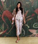 Beige and Pastel Block Print Premium Cotton Loungewear Kaftan Top with Wide Pants