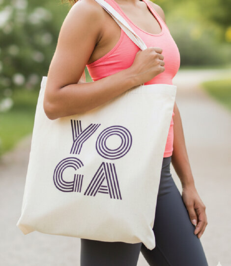 Beige Cotton Yoga Print Shopping Bag