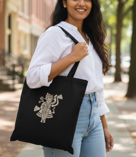 Black Cotton Shreenathji Print Tote Bag