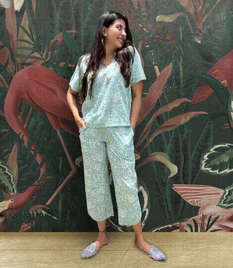 Pastel Turquoise Block Print Loungewear Top with Palazzo Pants