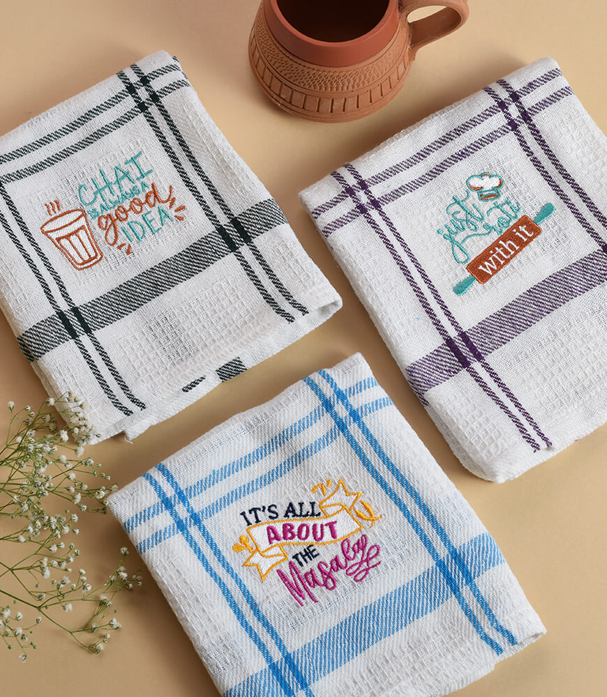 White Checks Embroidered Waffle Cotton – Kitchen Dish Towel Set 2