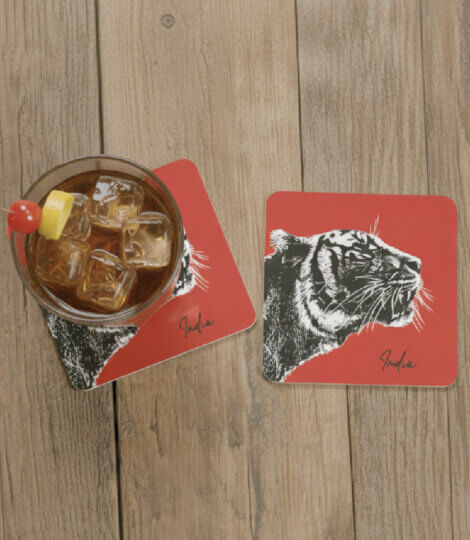 Tiger Art Print India Souvenir Red Coasters (Set of 6)