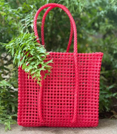 Beach Bag, Lunch Hand Bag, Recycled Bag, Plastic Medium Red Tote Bag