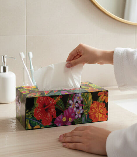 Maatir Wooden Tissue Box with Indian Tropical Flowers Pop Art Print
