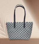 Beach Bag Hand Bag Woven Plastic Wire Medium Silver Grey Tote Bag