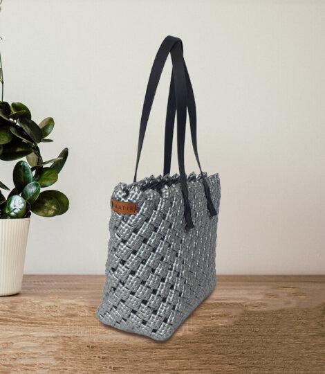 Beach Bag Hand Bag Woven Plastic Wire Medium Silver Grey Tote Bag