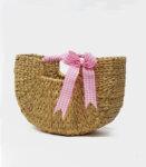 Handwoven Natural Reed Handbag, Summer Bag, Pink Ribbon on Straw Purse