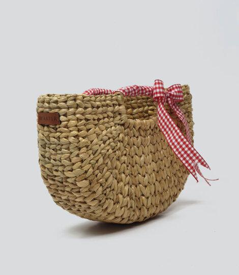Handwoven Natural Reed Handbag, Summer Bag, Red Ribbon on Straw Purse