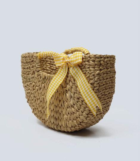 Handwoven Natural Reed Handbag, Summer Bag, Yellow Ribbon on Straw Purse