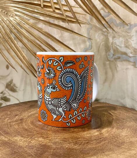 Souvenir Gift Premier India Orange Kalamkari Art Large Ceramic Coffee Mug 350 ml
