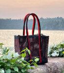 Beach Bag Hand Bag Hand Knotted Recycled Plastic Large Red Black Koodai Tote Bag