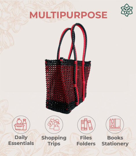 Beach Bag Hand Bag Hand Knotted Recycled Plastic Large Red Black Koodai Tote Bag