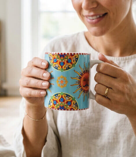 Premium Ceramic Coffee & Tea Mug – India Surya Sun Print with Vivid Designs on Bright Blue Background