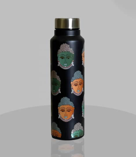 Buddha Kalamkari Art Print Black Stainless Steel Water Bottle