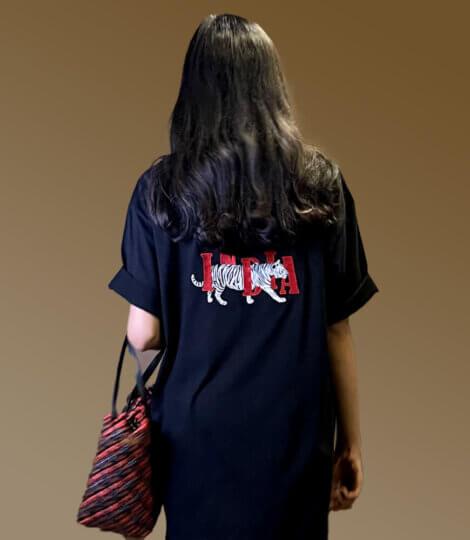 Black T-shirt Dress with India – Tiger Design for Women, Oversized T-shirt Dress