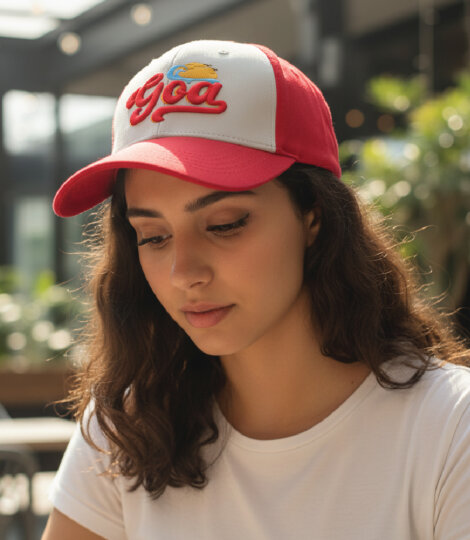 Red & Pale Grey Unisex Baseball Cap with 3D “Goa” Embroidery and Sunny Background