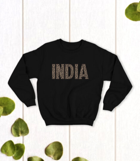 Black Sweatshirt with India in Leopard Letters, Comfort Fit Souvenir Sweatshirt for Men