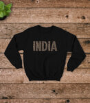 Black Sweatshirt with India in Leopard Letters, Comfort Fit Souvenir Sweatshirt for Men