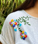 Beaded Hand-embroidered Floral Shoulders Pale Grey T-shirt