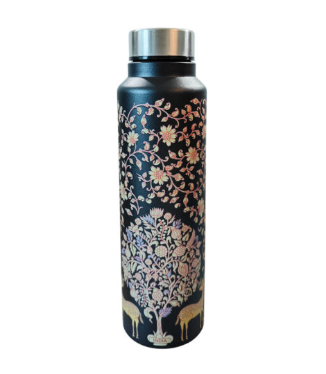 Maatir-Traditional-Kalamkari-Art-Stainless-Steel-Black-Gold-Reusable-Water-Bottle-1