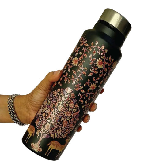 Maatir Traditional Kalamkari Art Stainless Steel Black & Gold Reusable Water Bottle