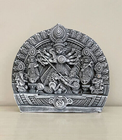 Terracotta-Relief-Sculpture-of-Goddess-Durga-with-Silver-Bronze-Coating-India-Gift-1