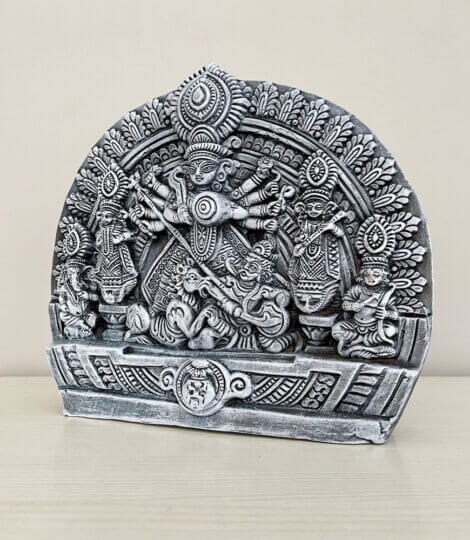 Terracotta Relief Sculpture of Goddess Durga with Silver Bronze Coating India Gift