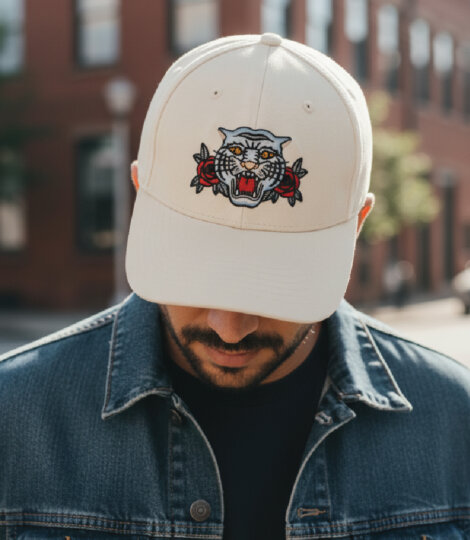 White Denim Tiger Embroidery Premium Baseball Cap – Caps for men and women