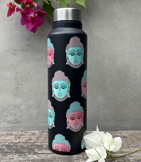 Buddha-Kalamkari-Art-Print-Black-Stainless-Steel-Water-Bottle-2-1