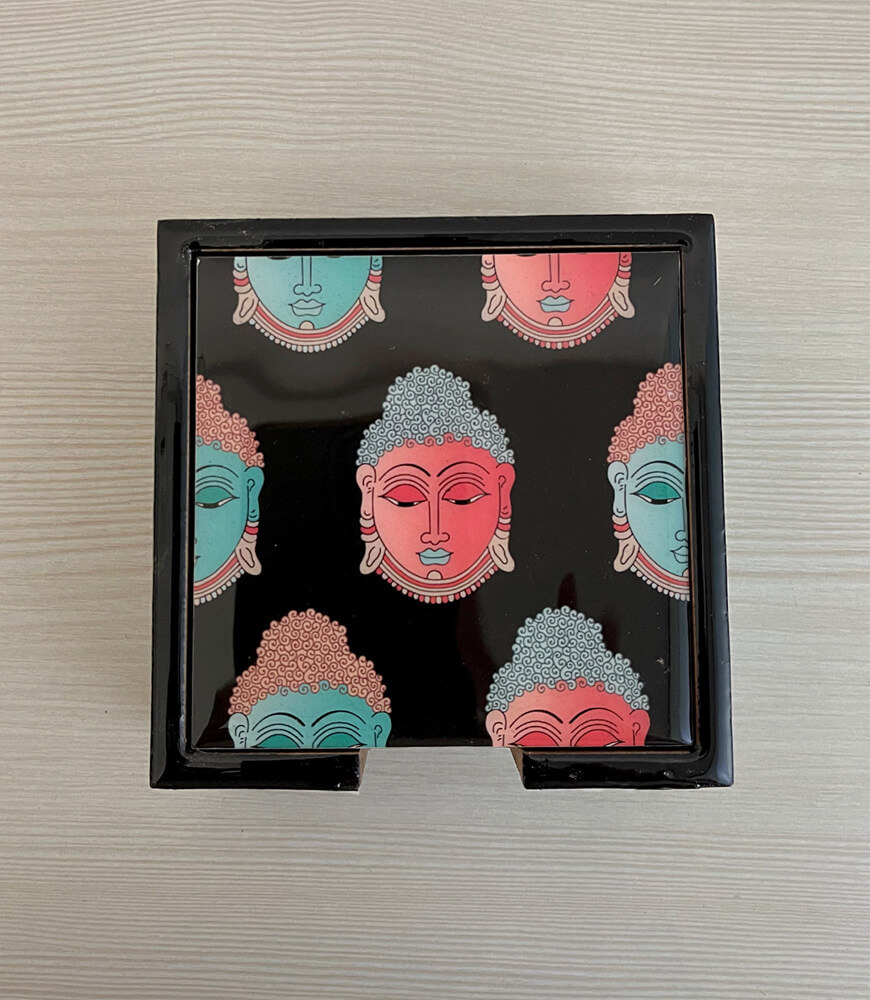 Graphic Buddha Art Print Souvenir Black Coasters – Set of 6