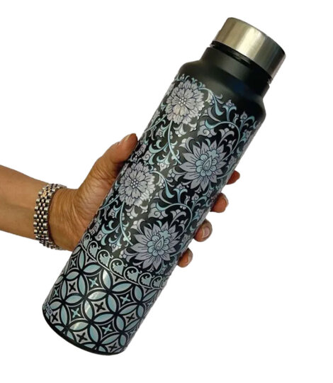 Maatir Floral Art Print Black Stainless Steel Water Bottle