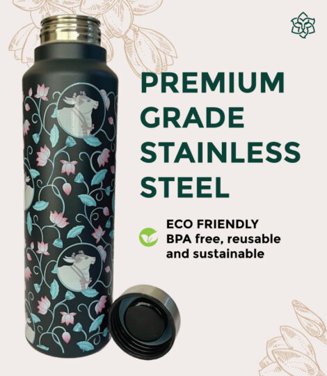 Black Pichwai Cow Art Stainless Steel Water Bottle