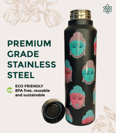 Buddha Graphic Art Print Black Stainless Steel Water Bottle