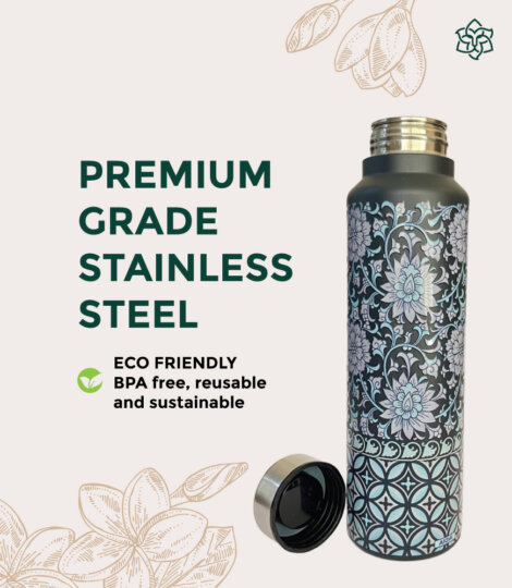 Floral Art Print Black Stainless Steel Water Bottle