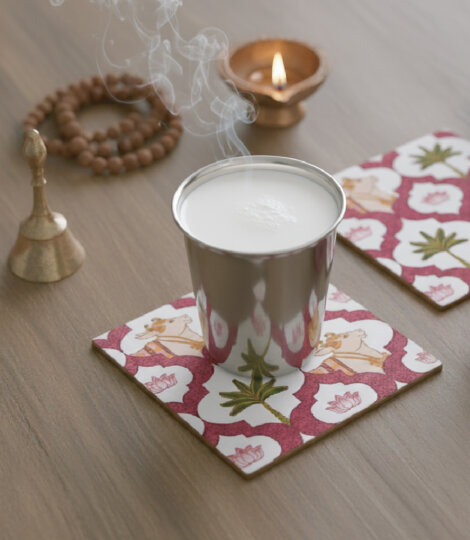 Pichwai Art Print Souvenir White Pink Coasters (Set of 6)