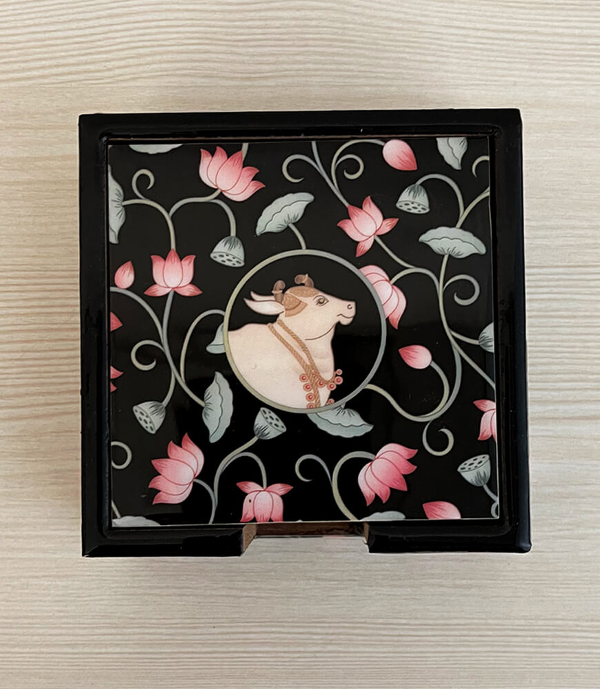 Pichwai Jaal Art Print Souvenir Black Coasters – Set of 6