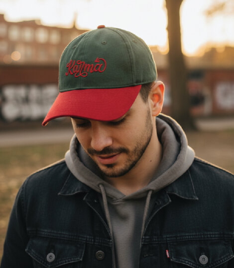 Deep Green & Maroon Suede Premium Baseball Cap with Karma Embroidery