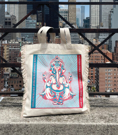 Maatir Organic Cotton Canvas Tote Bag – Cream Lord Ganesha Pop Art Print in Blue & Pink with Sacred Mantra