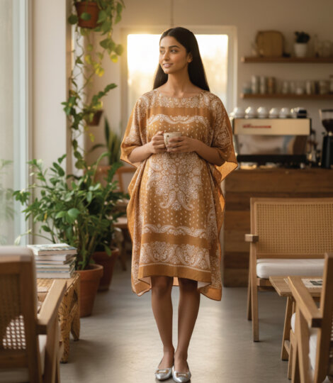 Mustard Yellow Paisley Art Kaftan Dress for Women