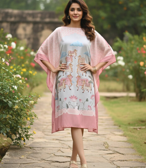 Pink Pichwai Art Kaftan Dress for Women