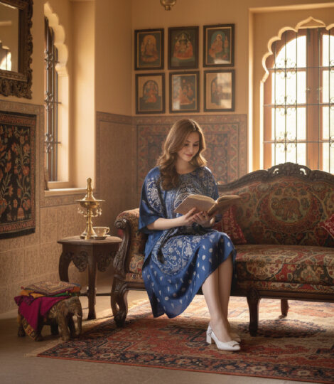 Royal Blue Kalamkari Art Kaftan Dress for Women