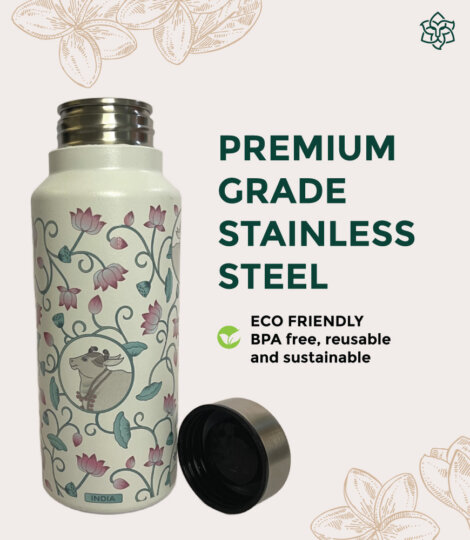 Pichwai Cow Art White Medium Stainless Steel Water Bottle