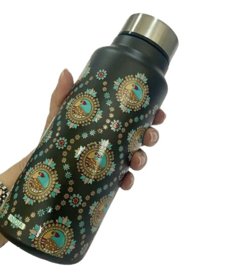 Maatir Madhubani Art Black Medium Stainless Steel Water Bottle